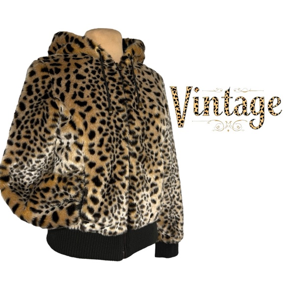Vintage Jackets & Blazers - Vintage leopard print faux fur hooded bomber Jacket 90’s Y2K Size Medium